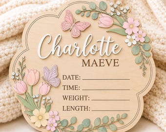 Personalized Baby Birth Stats Sign, Floral Baby Name Sign, Wooden Birth Announcement, Newborn Hospital Sign, Nursery Decor, Baby Shower Gift