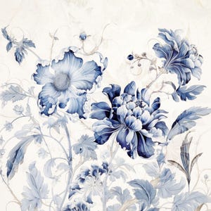 K&ouml;nnte beinhalten: Aquarellillustration mit blauen Blumen und Bl&auml;ttern vor wei&szlig;em Hintergrund. Die Blumen weisen komplizierte Details und verschiedene Blaut&ouml;ne auf, mit zarten Bl&auml;ttern und Stielen. Das Design ist elegant und botanisch.