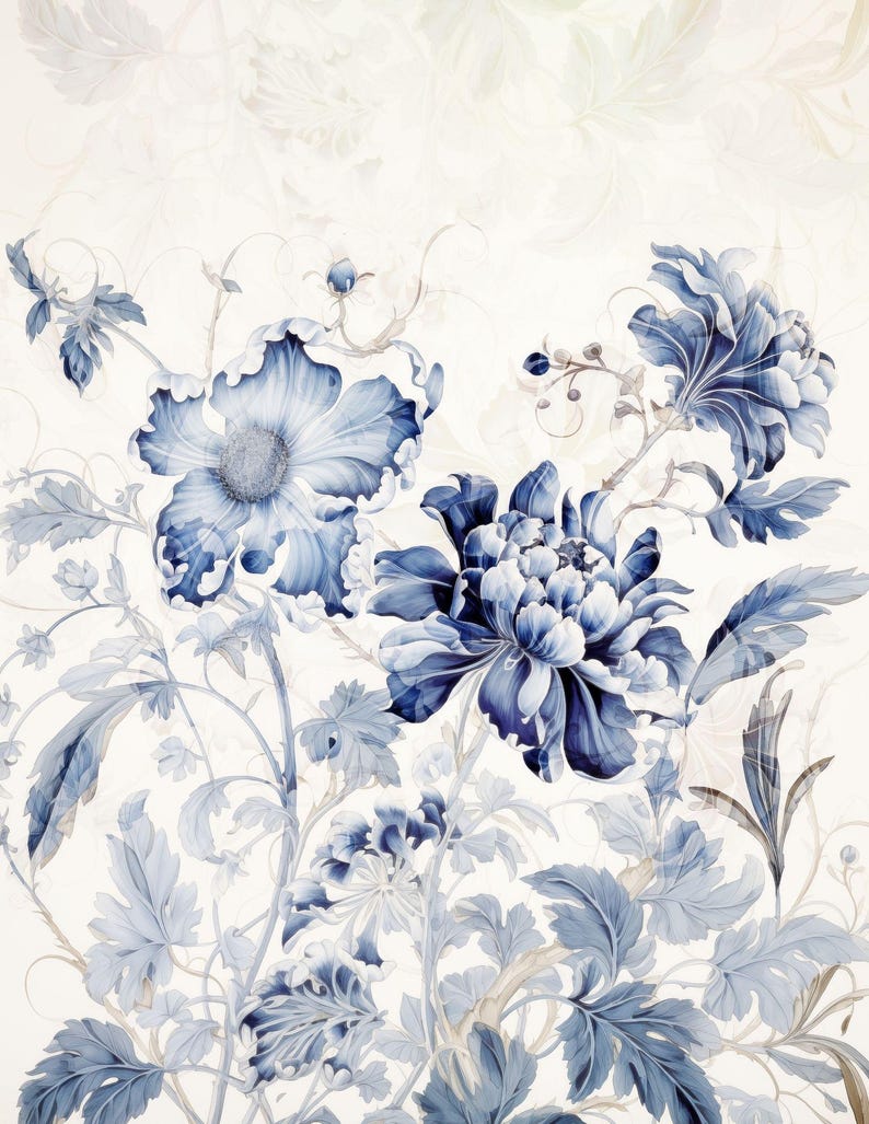 K&ouml;nnte beinhalten: Aquarellillustration mit blauen Blumen und Bl&auml;ttern vor wei&szlig;em Hintergrund. Die Blumen weisen komplizierte Details und verschiedene Blaut&ouml;ne auf, mit zarten Bl&auml;ttern und Stielen. Das Design ist elegant und botanisch.