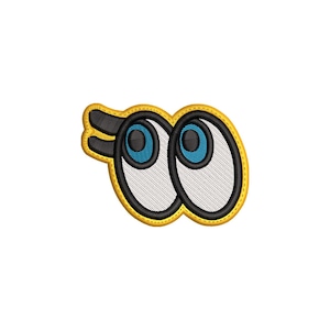 May include: Embroidered patch featuring a cartoonish pair of wide eyes. The eyes are white with black outlines, blue irises, and a yellow and black headpiece. The patch has a yellow border.