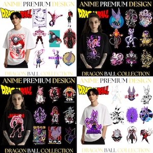 Może przedstawiać: Kolekcja koszulek z grafikami postaci z anime Dragon Ball, w tym Jiren, Beerus i Frieza. Wzory przedstawiają różne pozy i efekty energetyczne z napisami takimi jak ANIME PREMIUM DESIGN oraz DRAGON BALL COLLECTION.