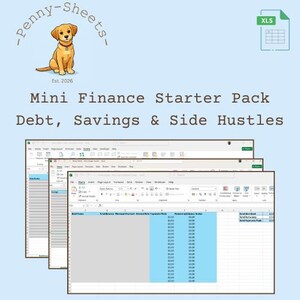Op de afbeelding: Een lichtblauwe afbeelding met de tekst "Mini Finance Starter Pack Debt, Savings & Side Hustles". De afbeelding bevat een cartoon van een golden retriever puppy en verschillende spreadsheets. Een XLS-pictogram staat rechtsboven.