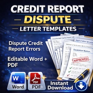 Peut inclure: Image avec le texte "CREDIT REPORT DISPUTE LETTER TEMPLATES". On peut également lire "Dispute Credit Report Errors" et "Editable Word + PDF". L'image comprend des modèles de documents, un stylo et un tampon "APPROVED".