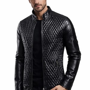 Herren Diamant gesteppte schwarze Lederjacke