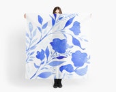 Grande de la bufanda Floral azul, tela de microfibra pura luz, acuarela obras de arte originales