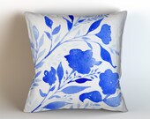 Royal Blue Floral & Cream Background, Throw Pillow Cover, Original Watercolor Artwork, Super Soft Velveteen 16x16. 18x18. 20x20, 22x22