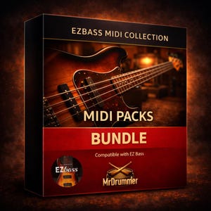 Könnte beinhalten: Produktbox mit einem Bassgitarrenbild und dem Text "EZbass MIDI Collection". Die Box hat einen schwarzen oberen und einen roten unteren Teil mit dem Wort "BUNDLE". Der Text enthält "MIDI PACKS" und "Compatible with EZ Bass".