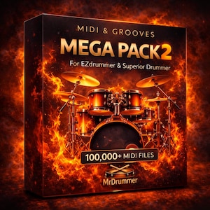 May include: A product box with the text "MIDI & GROOVES MEGA PACK 2" and "For EZdrummer & Superior Drummer." The box features a drum set illustration and the text "100,000+ MIDI FILES." The background has a fiery orange and red design.
