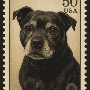 Peut inclure: Un timbre-poste s&eacute;pia repr&eacute;sentant un portrait d&eacute;taill&eacute; d'un chien noir avec un museau gris et un collier. Le timbre indique "50 USA" et "Pet Legacy" avec "Style 3" en bas.
