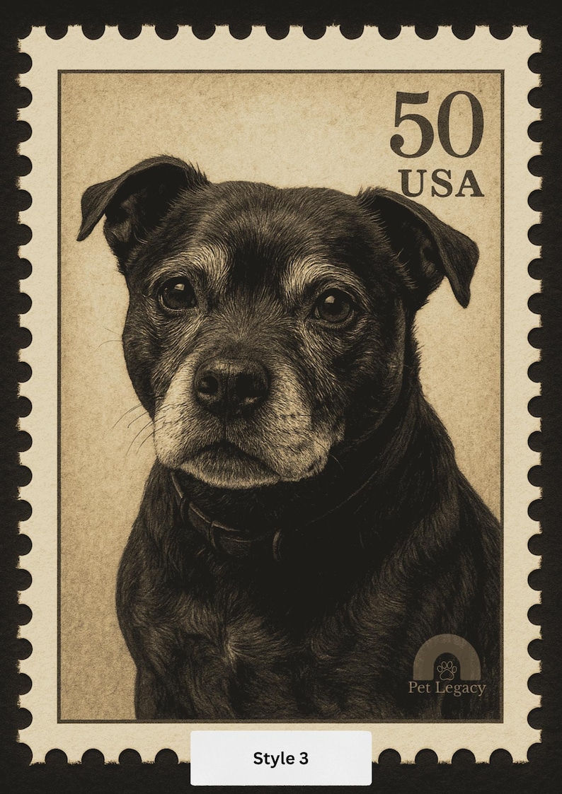 Peut inclure: Un timbre-poste s&eacute;pia repr&eacute;sentant un portrait d&eacute;taill&eacute; d'un chien noir avec un museau gris et un collier. Le timbre indique "50 USA" et "Pet Legacy" avec "Style 3" en bas.