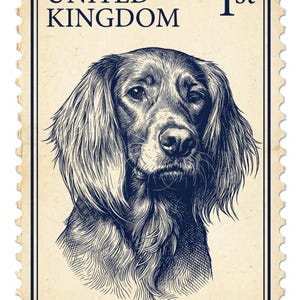 Peut inclure: Timbre de style vintage avec une illustration d&eacute;taill&eacute;e d'une t&ecirc;te de chien. Le timbre est de couleur cr&egrave;me avec une bordure bleu fonc&eacute; et le texte "UNITED KINGDOM" et "1st". Le texte "Style 1" est en bas.