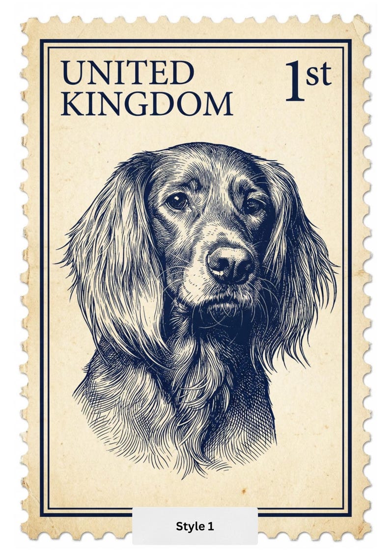 Peut inclure: Timbre de style vintage avec une illustration d&eacute;taill&eacute;e d'une t&ecirc;te de chien. Le timbre est de couleur cr&egrave;me avec une bordure bleu fonc&eacute; et le texte "UNITED KINGDOM" et "1st". Le texte "Style 1" est en bas.