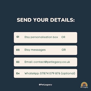 Peut inclure: Graphique bleu fonc&eacute; avec du texte blanc indiquant "SEND YOUR DETAILS:" suivi des options de contact Etsy, e-mail et WhatsApp. Le logo Pet Legacy est en bas &agrave; droite.