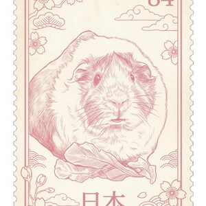 Peut inclure: Un timbre-poste rose et cr&egrave;me avec une illustration de cochon d'Inde. Le timbre comprend le chiffre 84, du texte japonais et le mot &laquo;JAPAN&raquo;. Des fleurs de cerisier et des nuages d&eacute;corent le timbre. Le texte &laquo;Style 2&raquo; est en bas.