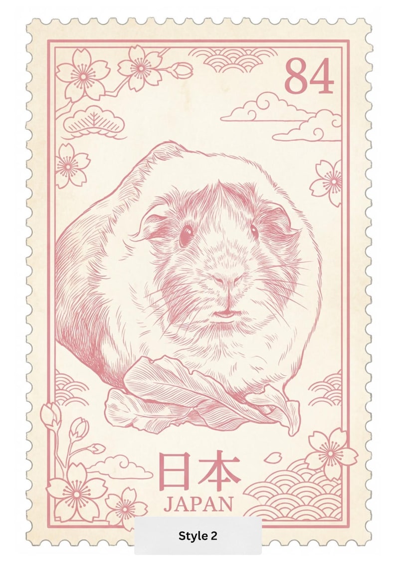 Peut inclure: Un timbre-poste rose et cr&egrave;me avec une illustration de cochon d'Inde. Le timbre comprend le chiffre 84, du texte japonais et le mot &laquo;JAPAN&raquo;. Des fleurs de cerisier et des nuages d&eacute;corent le timbre. Le texte &laquo;Style 2&raquo; est en bas.