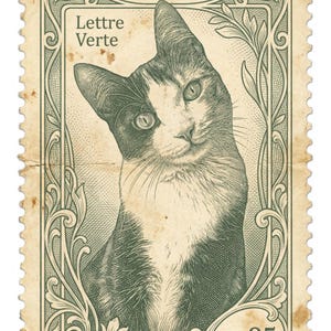 Peut inclure: Timbre-poste vintage de France avec une illustration d&eacute;taill&eacute;e d'un chat noir et blanc. Le timbre porte les mentions "FRANCE", "Lettre Verte" et "0,85". Le timbre est encadr&eacute; d'une bordure verte orn&eacute;e et pr&eacute;sente un aspect vieilli et us&eacute;.