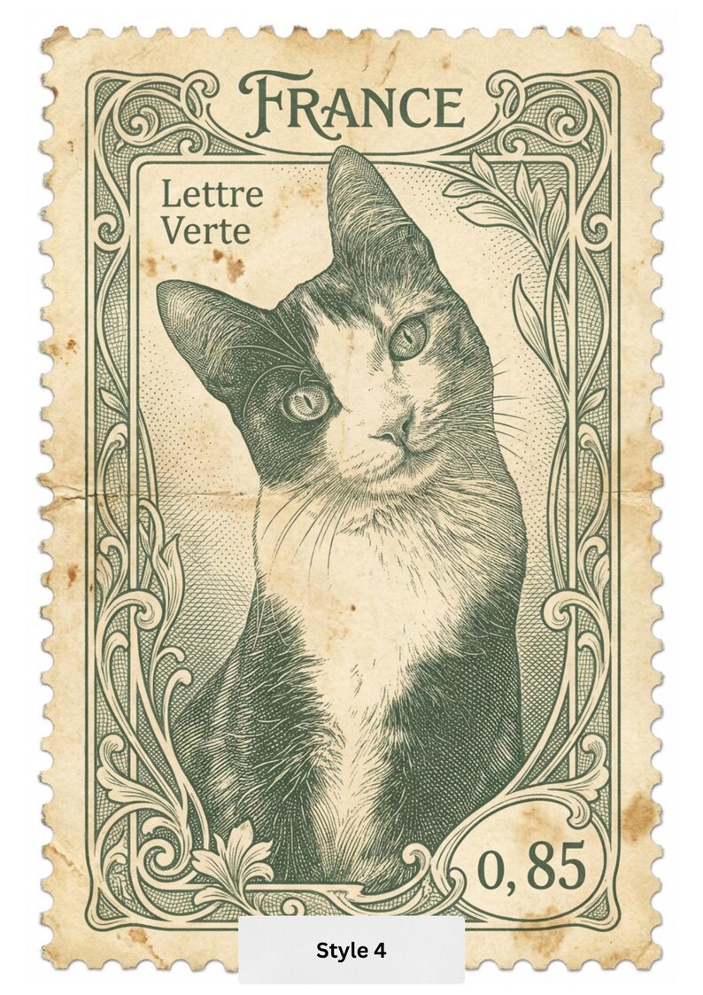 Peut inclure: Timbre-poste vintage de France avec une illustration d&eacute;taill&eacute;e d'un chat noir et blanc. Le timbre porte les mentions "FRANCE", "Lettre Verte" et "0,85". Le timbre est encadr&eacute; d'une bordure verte orn&eacute;e et pr&eacute;sente un aspect vieilli et us&eacute;.