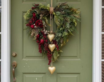 Heart Shaped Front Door Wreath, Rustic Greenery Wreath with Hanging Hearts, Handmade Seasonal Home Decor