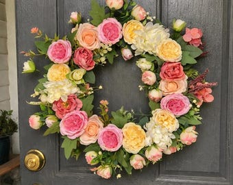 Pastel Rose Spring Wreath, Pink & Yellow Floral Front Door Decor, Romantic Cottage Flower Door Wreath