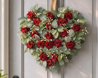 Red Rose Heart Wreath for Front Door, Romantic Floral Valentine Wreath with Greenery, Love Heart Door Decor