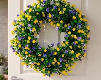 Yellow Purple Spring Wreath for Front Door | Faux Wildflower Boxwood Wreath | Colorful Summer Door Decor | Modern Farmhouse Wreath |