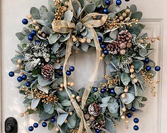 Christmas Winter Wreath for Front Door, Eucalyptus Pinecone Holiday Wreath with Gold Ribbon and Blue Berries