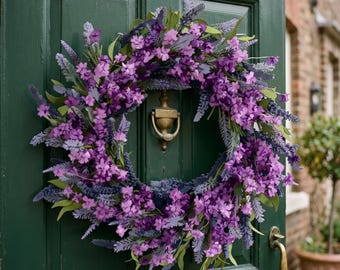 Purple Lavender Wreath for Front Door Spring Summer Floral Wreath | Faux Wildflower Wreath | Cottagecore Home Decor Housewarming Gift Idea