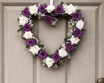 Purple & White Rose Heart Wreath, Romantic Floral Door Decor, Valentine Front Door Heart Wreath