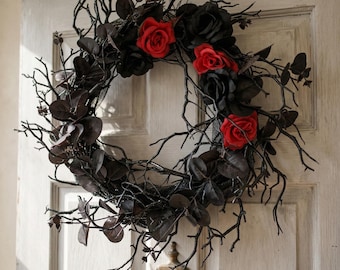 Gothic Black Rose Wreath with Red Roses, Dark Floral Door Decor, Halloween Gothic Front Door Wreath
