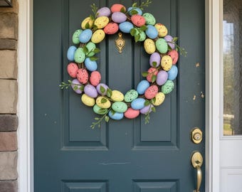 Pastel Easter Egg Front Door Wreath, Colorful Spring Egg Wreath, Farmhouse Easter Home Decor
