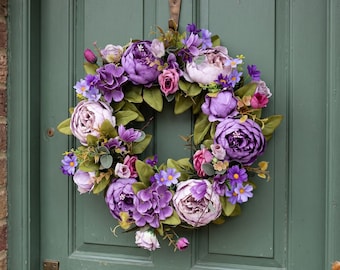 Purple Peony Wreath for Front Door | Lavender Rose Grapevine Wreath | Faux Floral Spring Summer Wreath | Romantic Cottagecore Home Decor |