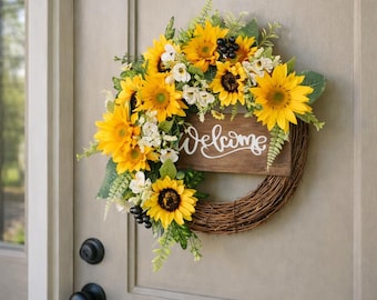 Sunflower Welcome Wreath for Front Door, Rustic Farmhouse Floral Wreath with Welcome Sign, Summer Front Door Decor