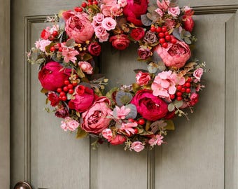 Romantic Red & Pink Floral Wreath for Front Door, Peony Rose Valentine Wreath with Berries, Elegant Flower Door Decor