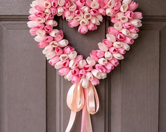 Pink Tulip Heart Wreath, Romantic Spring Floral Door Decor, Valentine Front Door Heart Wreath