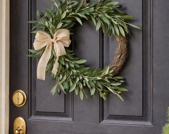 Olive Branch Farmhouse Wreath with Burlap Bow, Rustic Greenery Front Door Decor, Mediterranean Olive Door Wreath