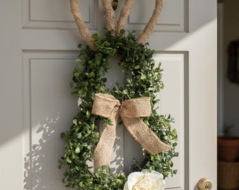 Bunny Ear Front Door Wreath, Rustic Greenery Easter Wreath with Burlap Bow, Farmhouse Spring Home Decor