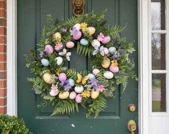 Easter Egg Front Door Wreath, Spring Floral Wreath with Pastel Eggs and Butterflies, Handmade Easter Home Decor