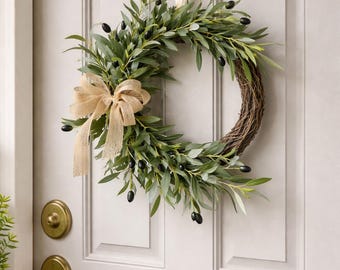 Olive Branch Farmhouse Wreath with Burlap Bow, Rustic Greenery Front Door Decor, Mediterranean Olive Door Wreath