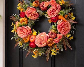 Fall Harvest Wreath with Pumpkins & Peonies, Autumn Front Door Decor, Thanksgiving Floral Wreath