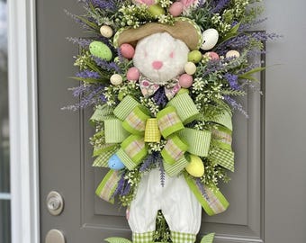 Large Easter Bunny Front Door Wreath, Vertical Spring Rabbit Wreath with Green Bow, Handmade Easter Home Decor