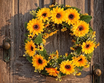 Sunflower Wreath for Front Door | Faux Sunflower Summer Wreath | Rustic Farmhouse Door Decor | Large Yellow Floral Wreath | Housewarming