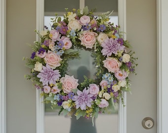 Spring Pastel Floral Wreath for Front Door, Pink Rose & Purple Flower Wreath, Cottage Garden Entryway Decor
