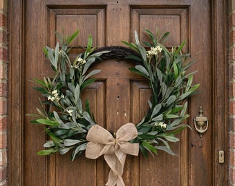 Olive Branch Wreath for Front Door | Farmhouse Wreath with Burlap Bow | Year Round Greenery Wreath | Rustic Home Decor | Housewarming Gift