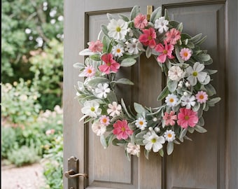 Pink White Daisy Wreath for Front Door | Lamb's Ear Spring Floral Wreath | Faux Cosmos Flower Wreath | Farmhouse Cottage Home Decor | house