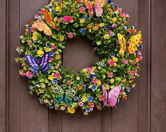 Butterfly Spring Wreath for Front Door, Colorful Floral Butterfly Wreath, Garden Inspired Door Decor