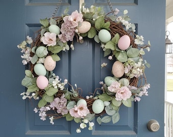 Pastel 2D Easter Wreath with Decorative Eggs, Spring Floral Front Door Wreath, Rustic Farmhouse Decor