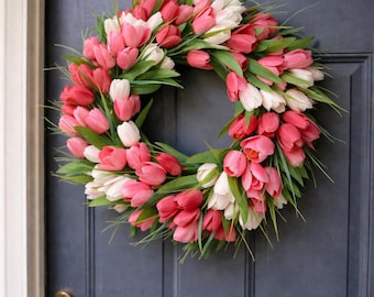 Pink & White Tulip Spring Wreath, Floral Front Door Decor, Fresh Garden Style Door Wreath