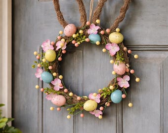 Easter Bunny Ear Wreath for Front Door, Pastel Egg Spring Wreath with Flowers, Cute Easter Door Decor