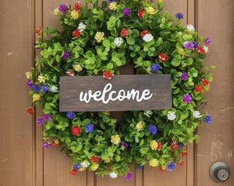 Welcome Front Door Wreath, Colorful Spring Floral Wreath with Greenery, Farmhouse Home Decor