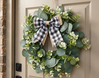 Eucalyptus Farmhouse Wreath with Buffalo Plaid Bow, Greenery Front Door Decor, Rustic Spring Summer Door Wreath